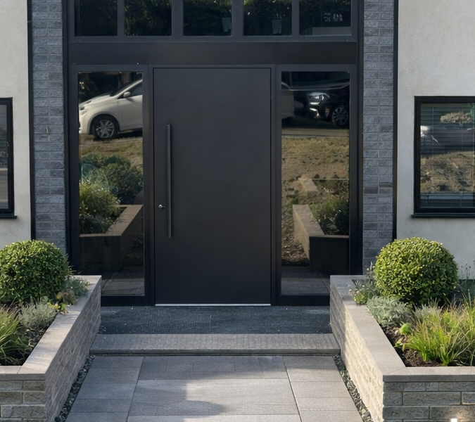 Modern entrance with landscaped features.